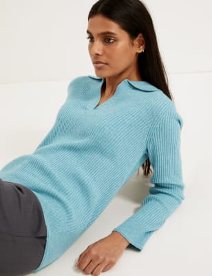 

Womens Autograph Gerippter Pullover mit Kragen und Yak-Wolle - Turquoise, Turquoise