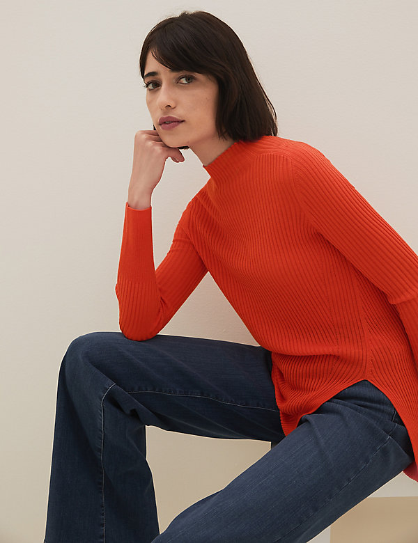 Ribbed Funnel Neck Jumper with Wool