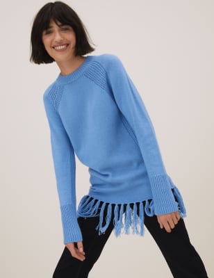 

Womens Autograph Fringed Longline Jumper with Wool - Blue, Blue