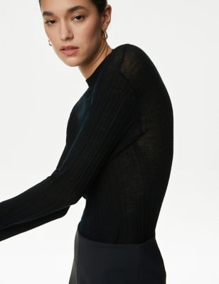 Pure Merino Wool Ribbed High Neck Knitted Top