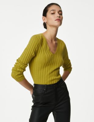 Autograph Women's Silk Blend Ribbed V-Neck Jumper - 8 - Willow, Willow
