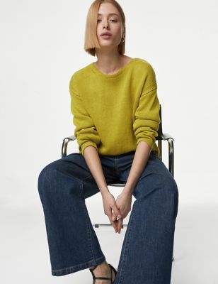 Autograph Womens Pure Linen Crew Neck Jumper - 10 - Bright Yellow, Bright Yellow,Ivory