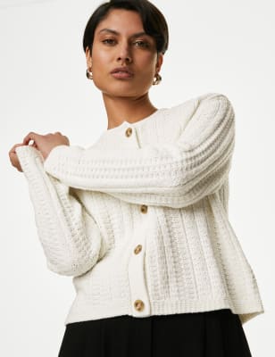 Cotton Rich Textured Crew Neck Cardigan - GR