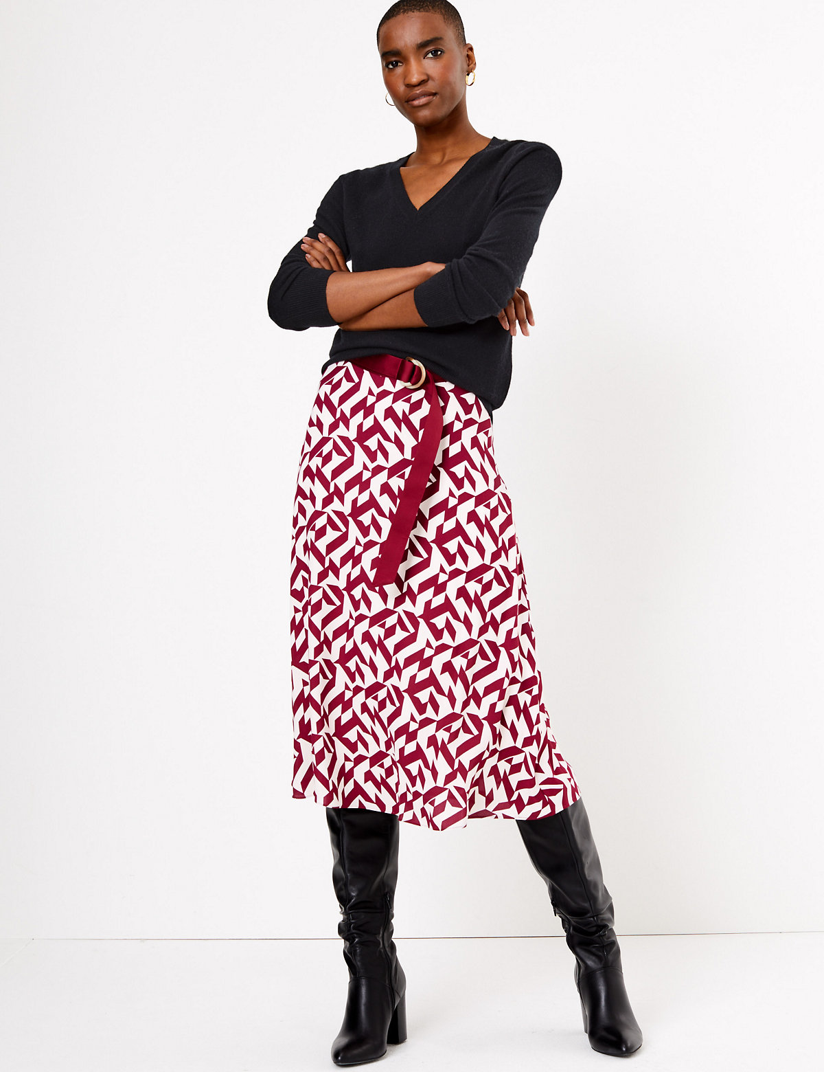 Printed Belted Midi Slip Skirt
