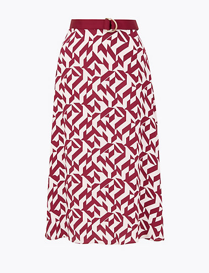 Printed Belted Midi Slip Skirt