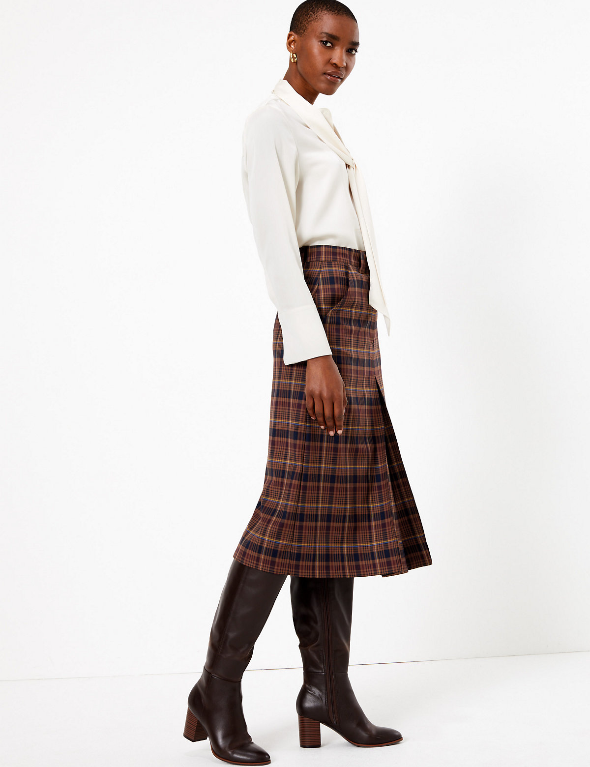 Wool Blend Checked A-Line Midi Skirt