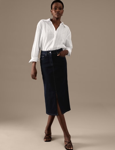 Denim Button Front Midaxi A-Line Skirt