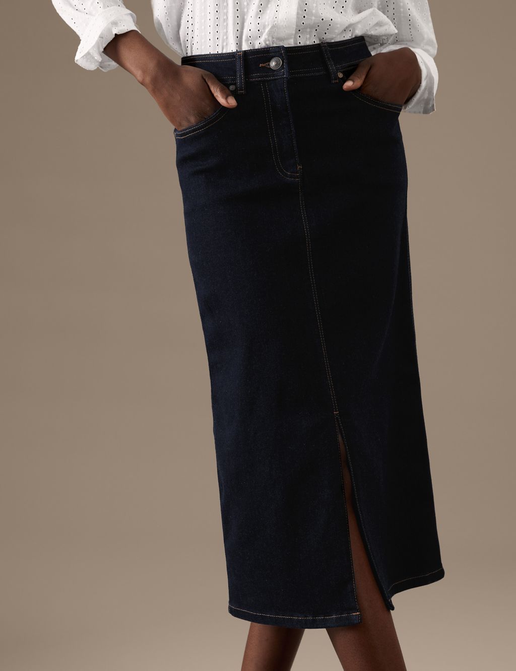 Denim Button Front Midaxi A-Line Skirt image 3