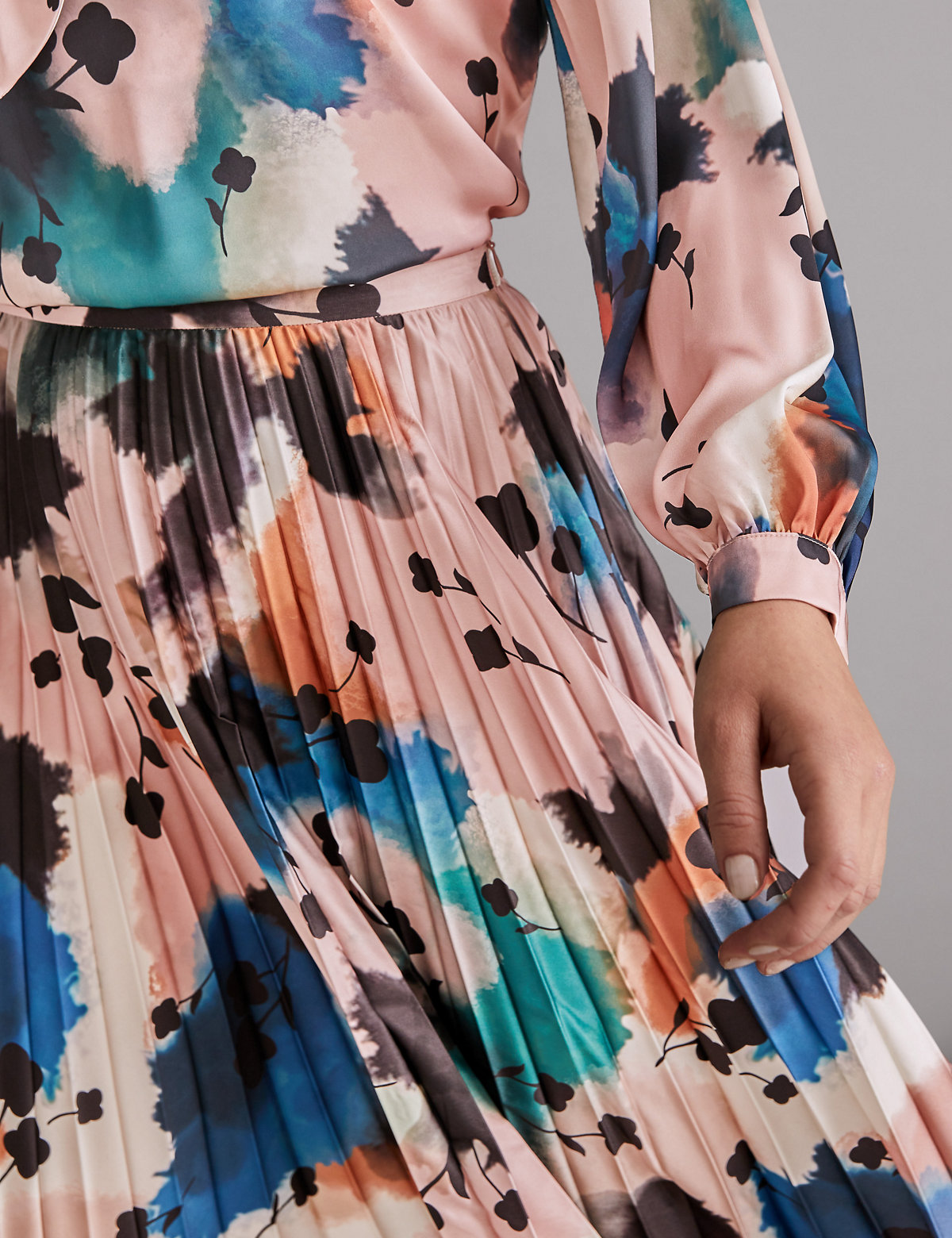 Abstract Floral Pleated Midi Skirt