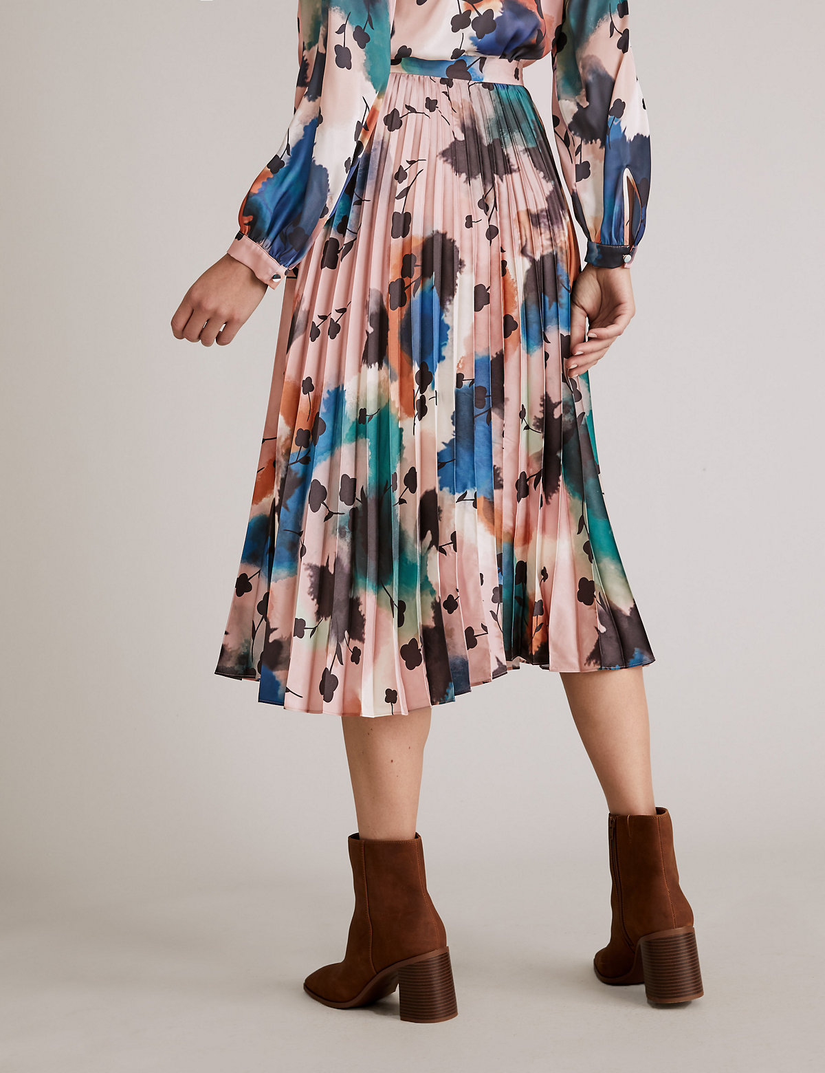 Abstract Floral Pleated Midi Skirt