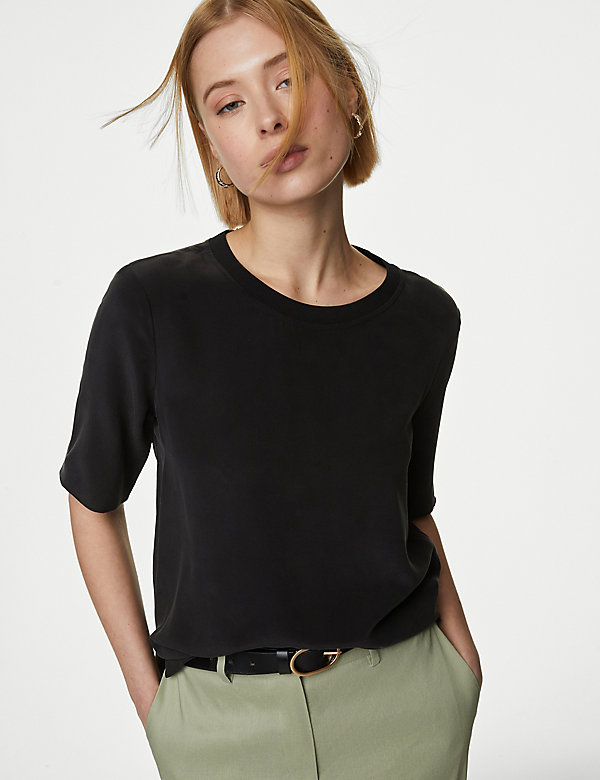 Pure Silk Relaxed Short Sleeve Top - US