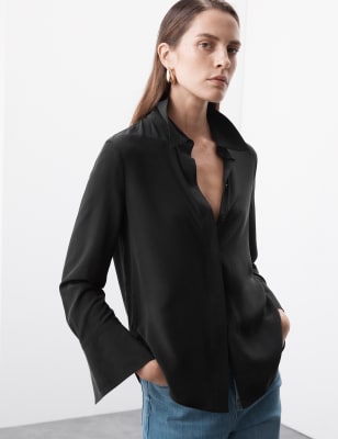 Autograph Women's Pure Silk Long Sleeve Shirt - 6 - Black, Black,Ivory