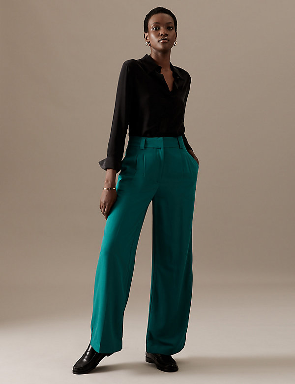 Pleat Front Wide Leg Trousers with Wool - OM