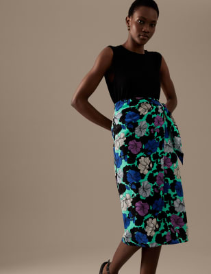 

Womens Autograph Cupro Rich Printed Midi Wrap Skirt - Black Mix, Black Mix