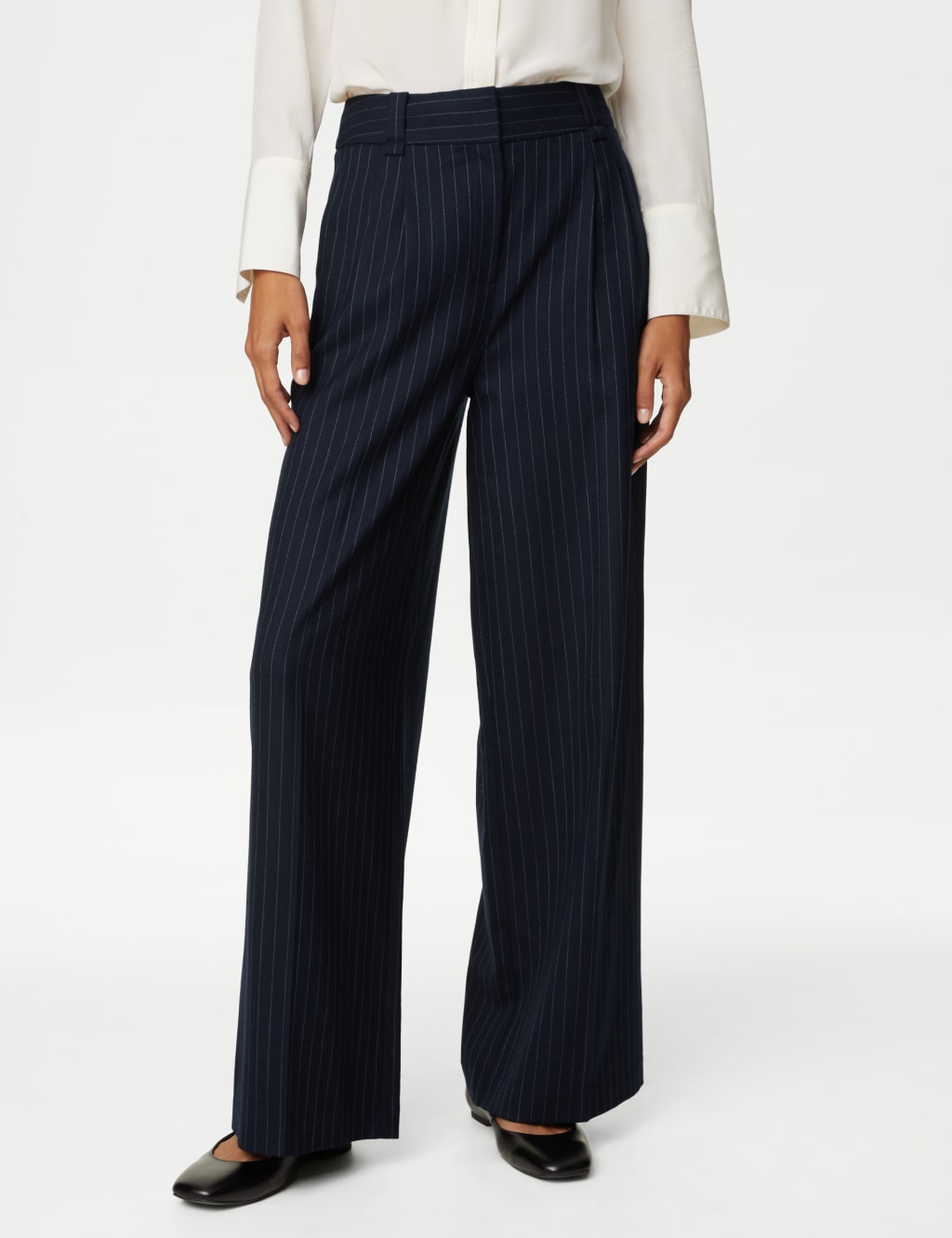 Wool Blend Pinstripe Wide Leg Trousers image 3