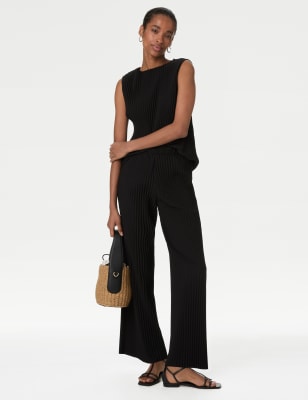 Jersey Plisse Wide Leg Trousers