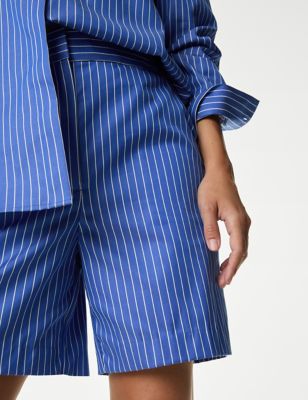 Autograph Womens Pure Cotton Striped Tailored Shorts - 16 - Blue Mix, Blue Mix