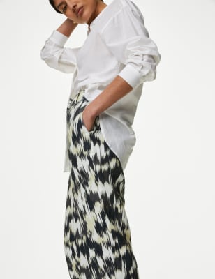 Pure Irish Linen Printed Straight Leg Trousers - HK