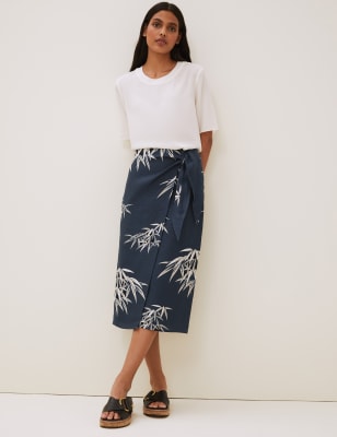 Linen Floral Midi Wrap Skirt