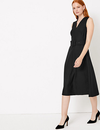 Wool Blend Belted Fit & Flare Midi Dress