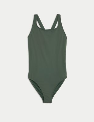 Goodmove Women's Tummy Control Strappy High Neck Swimsuit - 8 - Dark Sage, Dark Sage,Black