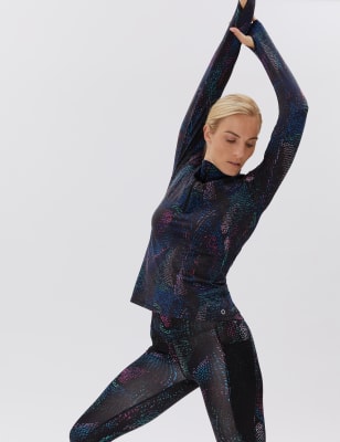

Womens GOODMOVE Gemustertes Jogging-Oberteil mit halbem Reißverschluss und Stehkragen - Black/Turq, Black/Turq