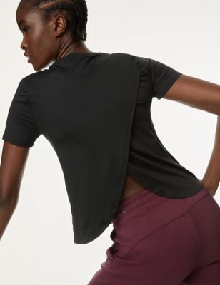 Goodmove Women's Scoop Neck Wrap Back Yoga T-Shirt - 24 - Black, Black,Pale Leaf