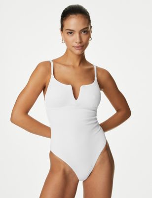 M&S Women's Tummy Control Ribbed Padded V-Neck Swimsuit - 24 - Soft White, Soft White,Navy