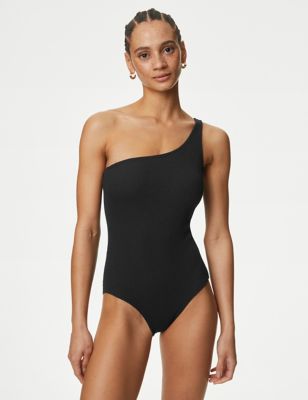 M&S Womens Textured One Shoulder Swimsuit - 24 - Black, Black,Medium Green
