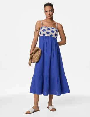 M&S Womens Pure Cotton Square Neck Midaxi Beach Dress - 8 - Blue Mix, Blue Mix