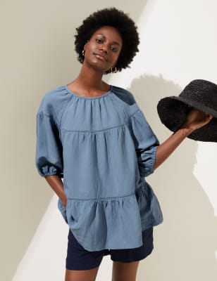 High Neck Puff Sleeve Top with Linen