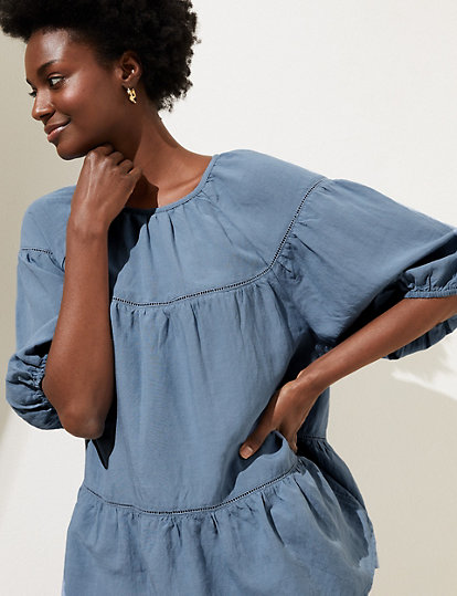 High Neck Puff Sleeve Top with Linen