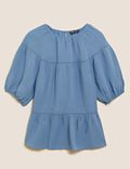 High Neck Puff Sleeve Top with Linen