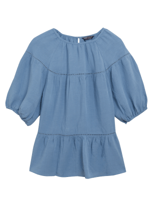 

Womens M&S Collection Langarmoberteil mit Leinenanteil, Puffärmeln und hohem Kragen - Dusty Blue, Dusty Blue