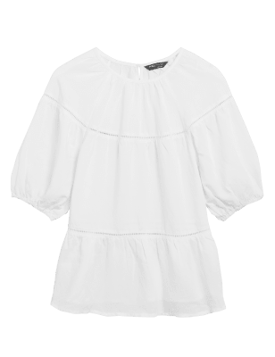 

Womens M&S Collection High Neck Puff Sleeve Top with Linen - White, White