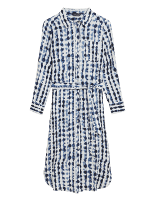 

M&S Collection Vestido camisero a media pierna de lino estampado con cinturónWomens - Blue Mix, Blue Mix
