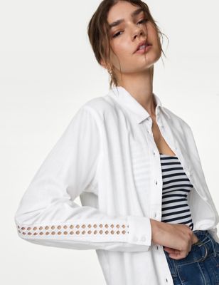 M&S Womens Linen Blend Collared Relaxed Shirt - 16 - White, White