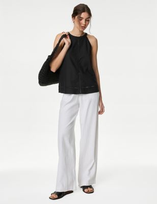 M&S Women's Linen Rich Halter Neck Embroidered Top - 12 - Black, Black,White