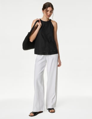 

M&S Collection Top de lino con cuello Halter y bordadoWomens - Black, Black