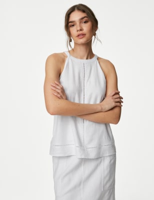 Linen Rich Halter Neck Embroidered Top