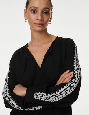 

Womens M&S Collection Linen Blend Embroidered Tie Neck Blouse - Black, Black