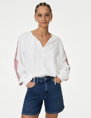 Linen Blend Embroidered Tie Neck Blouse - CA