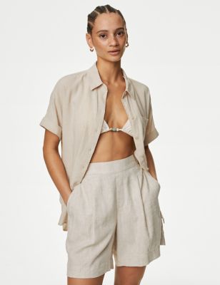M&S Womens Linen Blend Collared Button Through Shirt - 6 - Natural Beige, Natural Beige