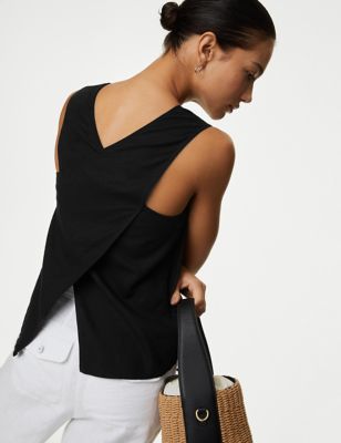 M&S Womens Linen Rich Cross Back Blouse - 20 - Black, Black,White,Conker