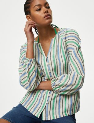 M&S Women's Linen Blend Striped Blouse - 8 - Green Mix, Green Mix,Beige Mix