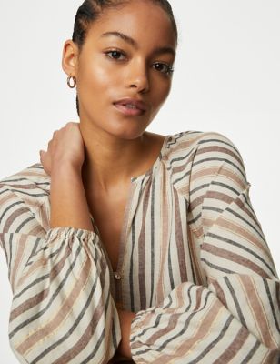 

Womens M&S Collection Linen Blend Striped Blouse - Beige Mix, Beige Mix