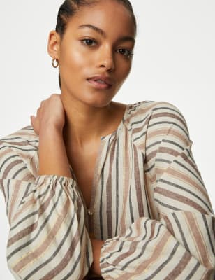 

M&S Collection Blusa de rayas con linoWomens - Beige Mix, Beige Mix
