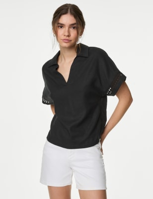 M&S Womens Linen Rich V-Neck Relaxed Blouse - 16 - Black, Black,Amethyst