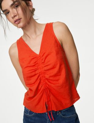 M&S Womens Ruched Front V-Neck Vest - 6 - Flame, Flame,White
