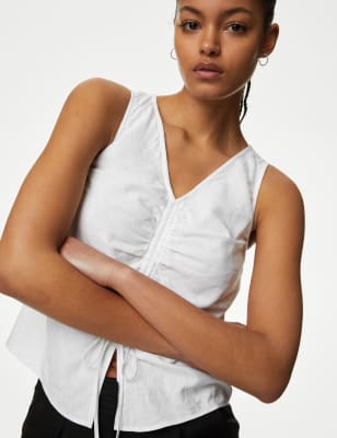 

M&S Collection Camiseta de escote en pico con fruncido en la parte delanteraWomens - White, White